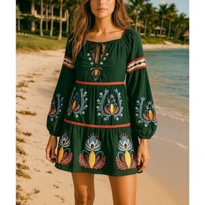 Anthropologie Let Me Be Embroidered Boho Tunic Dress Size XS‎ Petite Green Boho
